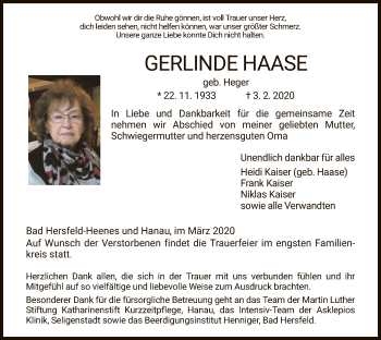 Traueranzeige von Gerlinde Haase von Hersfeld