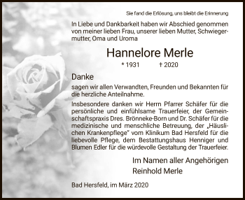 Traueranzeige von Hannelore Merle von Hersfeld