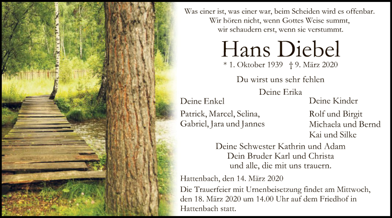  Traueranzeige für Hans Diebel vom 14.03.2020 aus Hersfeld