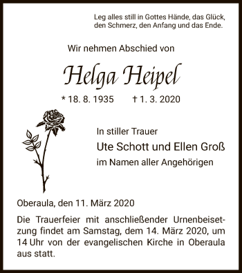 Traueranzeige von Helga Heipel von Hersfeld