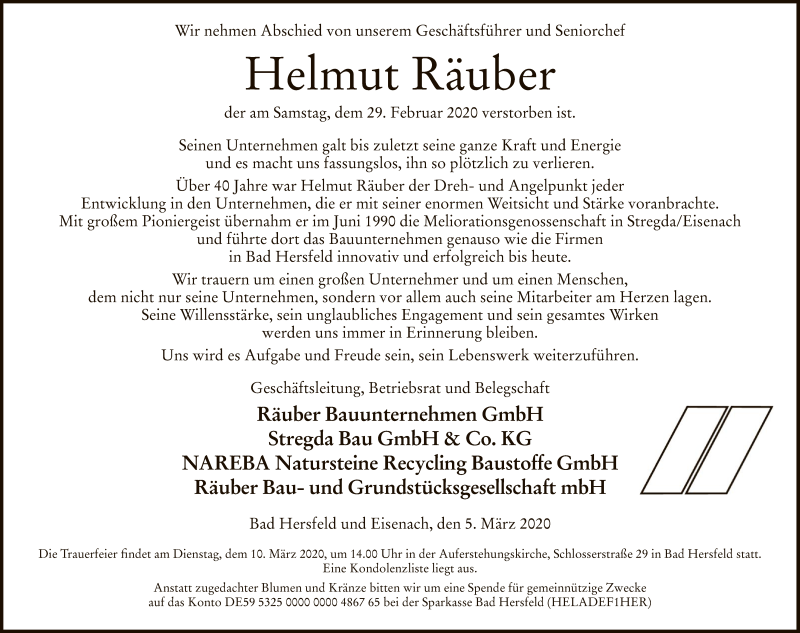  Traueranzeige für Helmut Räuber vom 05.03.2020 aus Hersfeld