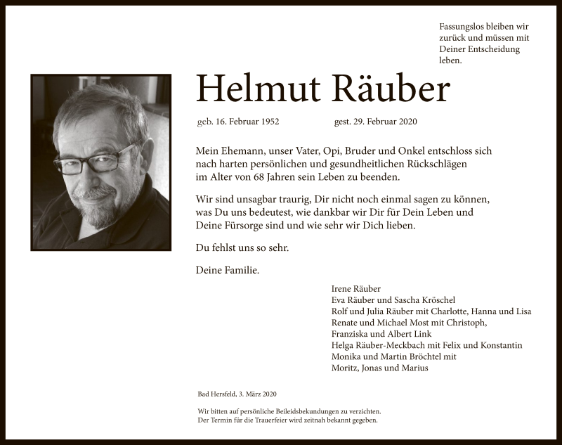  Traueranzeige für Helmut Räuber vom 03.03.2020 aus Hersfeld