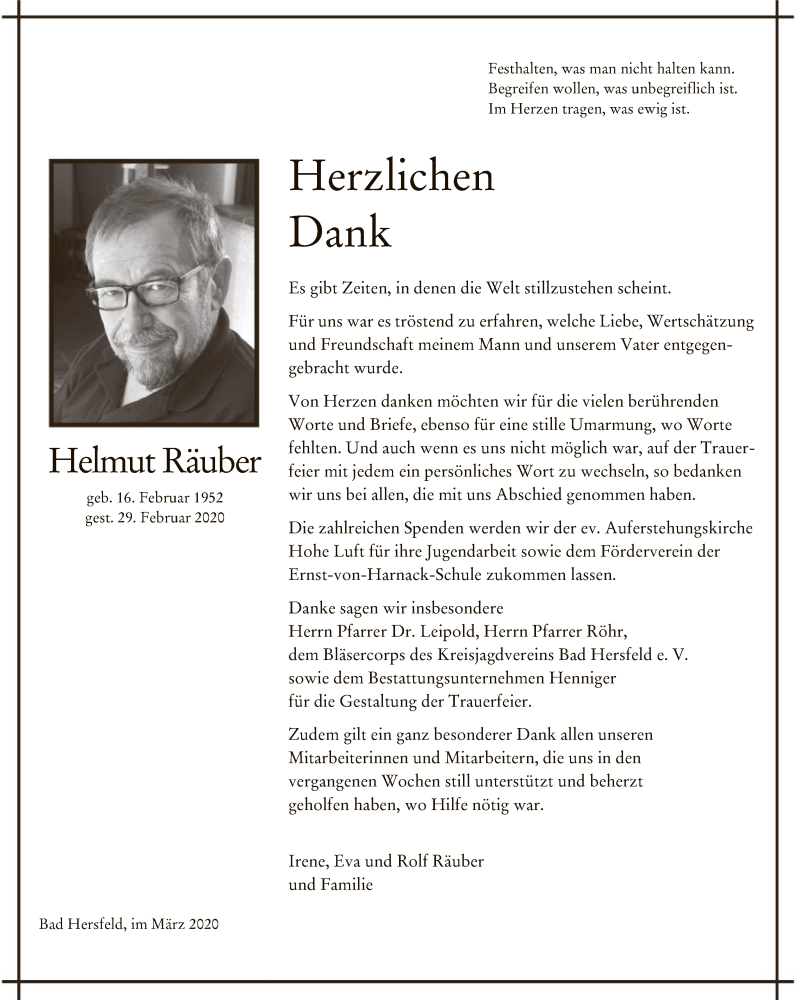  Traueranzeige für Helmut Räuber vom 21.03.2020 aus Hersfeld