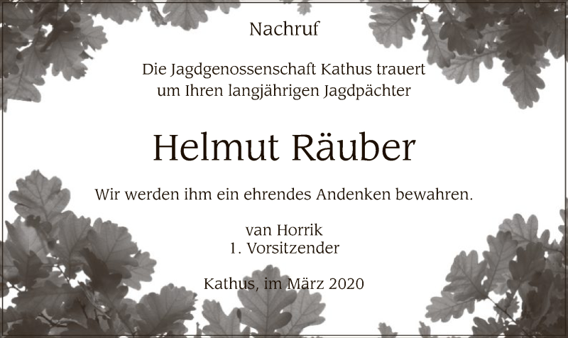  Traueranzeige für Helmut Räuber vom 14.03.2020 aus Hersfeld