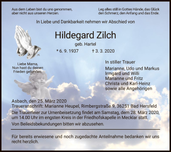 Traueranzeige von Hildegard Zilch von Hersfeld