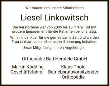 Traueranzeige von Liesel Linkowitsch von Hersfeld