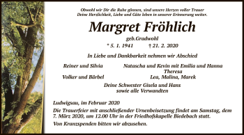 Traueranzeige von Margret Fröhlich von Hersfeld