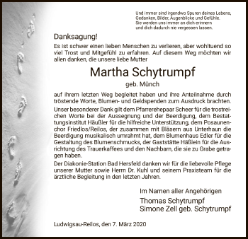 Traueranzeige von Martha Schytrumpf von Hersfeld