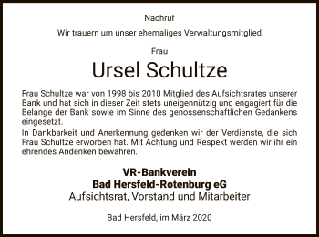 Traueranzeige von Ursel Schultze von Hersfeld