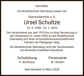 Traueranzeige von Ursel Schultze von Hersfeld