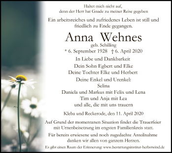 Traueranzeige von Anna Wehnes von HZ