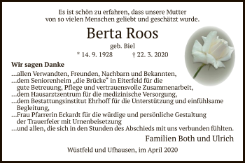 Traueranzeige von Berta Roos von HZ