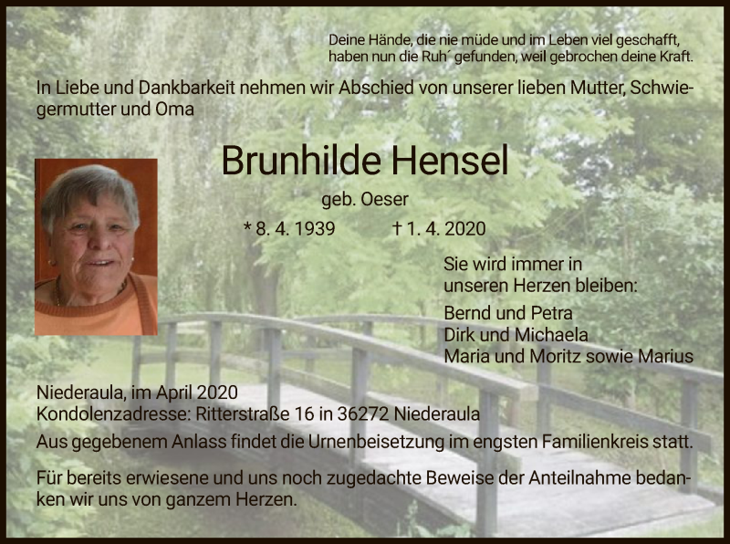  Traueranzeige für Brunhilde Hensel vom 04.04.2020 aus Hersfeld