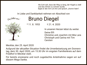 Traueranzeige von Bruno Diegel von HZ