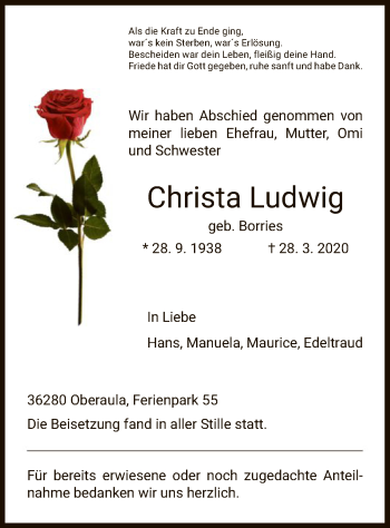 Traueranzeige von Christa Ludwig von HZ