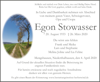 Traueranzeige von Egon Stowasser von Hersfeld