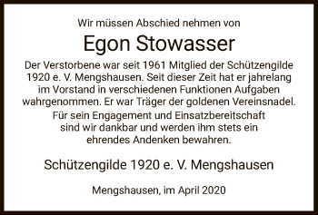 Traueranzeige von Egon Stowasser von Hersfeld