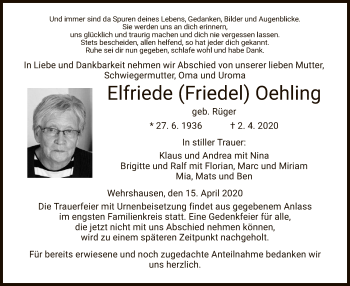 Traueranzeige von Elfriede Oehling von HZ