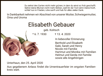 Traueranzeige von Elisabeth Gebauer von HZ