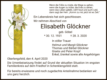 Traueranzeige von Elisabeth Glöckner von Hersfeld