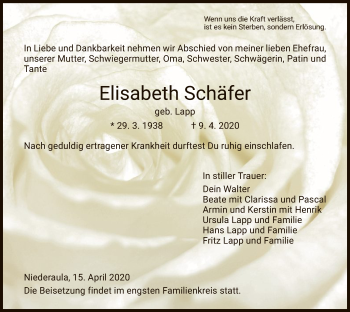 Traueranzeige von Elisabeth Schäfer von HZ