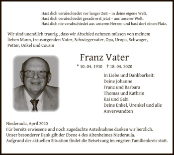 Traueranzeige von Franz Vater von HZ