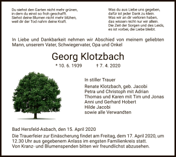 Traueranzeige von Georg Klotzbach von HZ