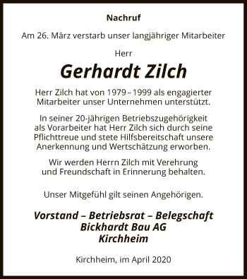 Traueranzeige von Gerhardt Zilch von HZ