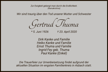 Traueranzeige von Gertrud Thuma von HZ