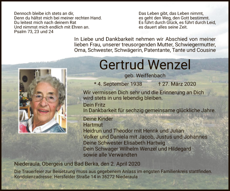  Traueranzeige für Gertrud Wenzel vom 02.04.2020 aus Hersfeld