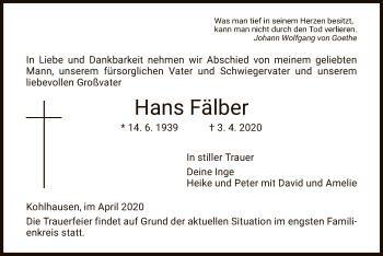 Traueranzeige von Hans Fälber von Hersfelder Zeitung