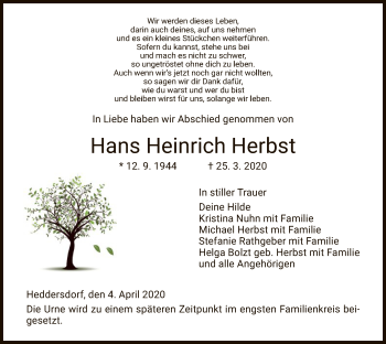 Traueranzeige von Hans Heinrich Herbst von Hersfeld