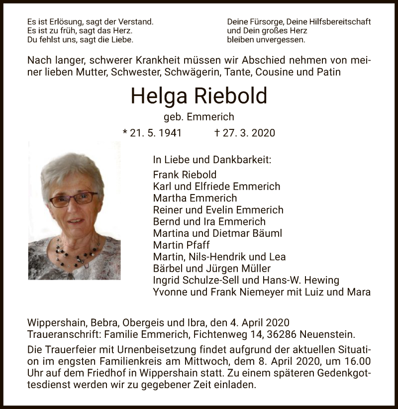  Traueranzeige für Helga Riebold vom 04.04.2020 aus Hersfeld