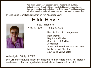 Traueranzeige von Hilde Hesse von Hersfelder Zeitung