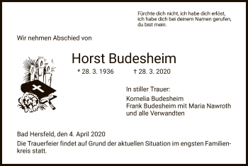 Traueranzeige von Horst Budesheim von Hersfeld