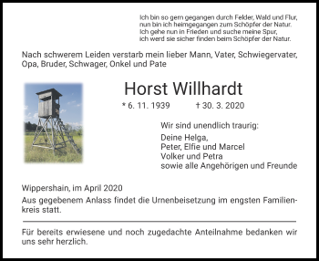 Traueranzeige von Horst Willhardt von Hersfelder Zeitung