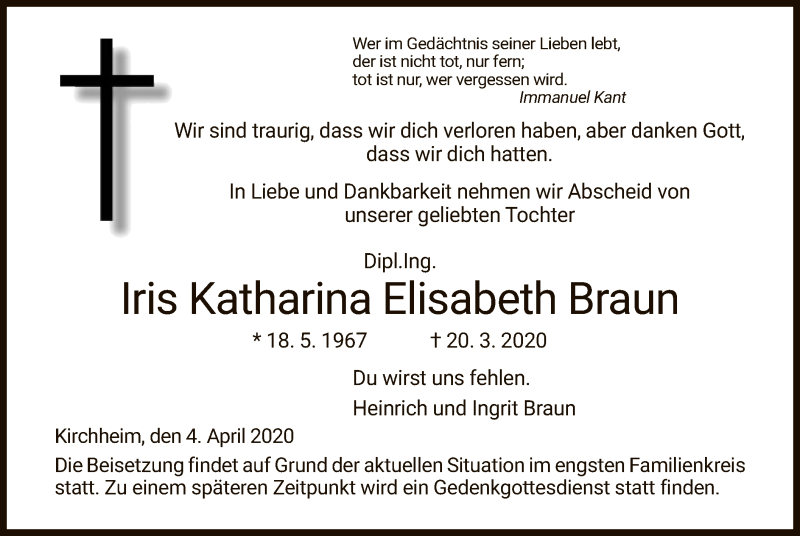  Traueranzeige für Iris Katharina Elisabeth Braun vom 04.04.2020 aus Hersfeld
