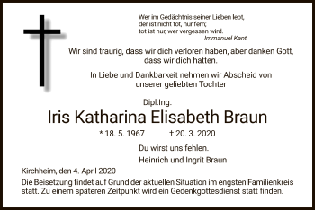 Traueranzeige von Iris Katharina Elisabeth Braun von Hersfeld