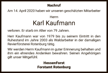 Traueranzeige von Karl Kaufmann von HNA