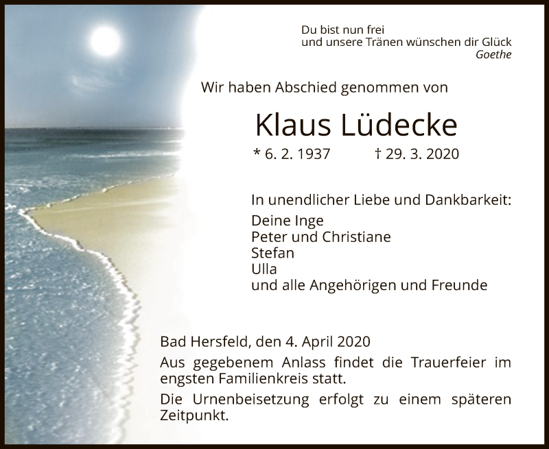  Traueranzeige für Klaus Lüdecke vom 04.04.2020 aus Hersfeld