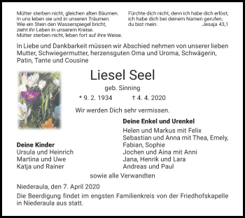 Traueranzeige von Liesel Seel von Hersfelder Zeitung