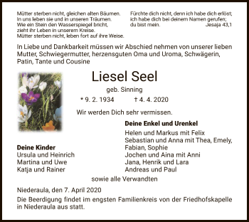 Traueranzeige von Liesel Seel von HZ