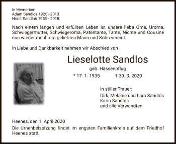 Traueranzeige von Lieselotte Sandlos von Hersfeld