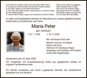 Traueranzeige von Maria Peter von HZ