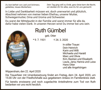 Traueranzeige von Ruth Gümbel von HZ