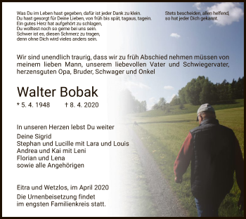 Traueranzeige von Walter Bobak von Hersfelder Zeitung