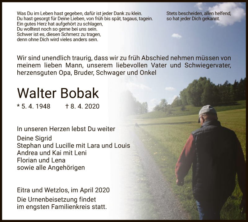 Traueranzeige für Walter Bobak vom 18.04.2020 aus Hersfelder Zeitung