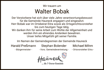 Traueranzeige von Walter Bobak von Hersfelder Zeitung