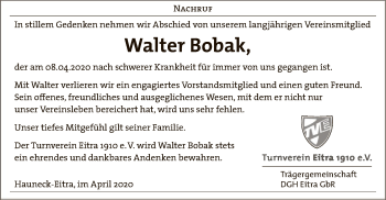 Traueranzeige von Walter Bobak von Hersfelder Zeitung