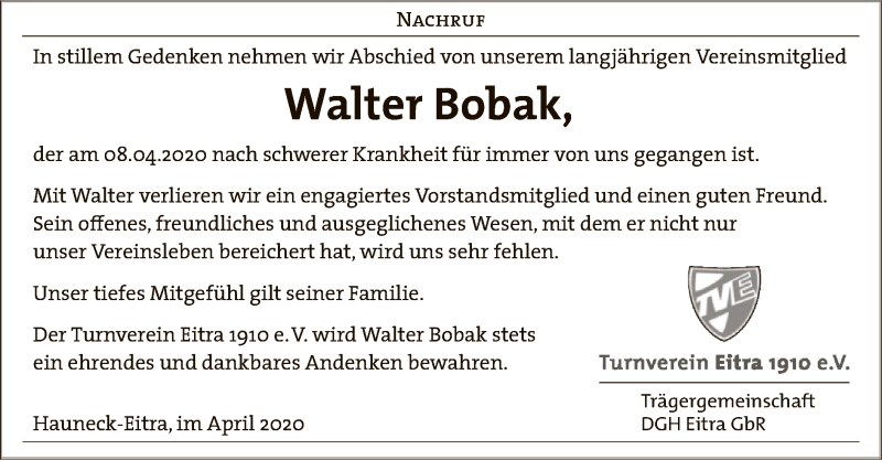  Traueranzeige für Walter Bobak vom 18.04.2020 aus Hersfelder Zeitung